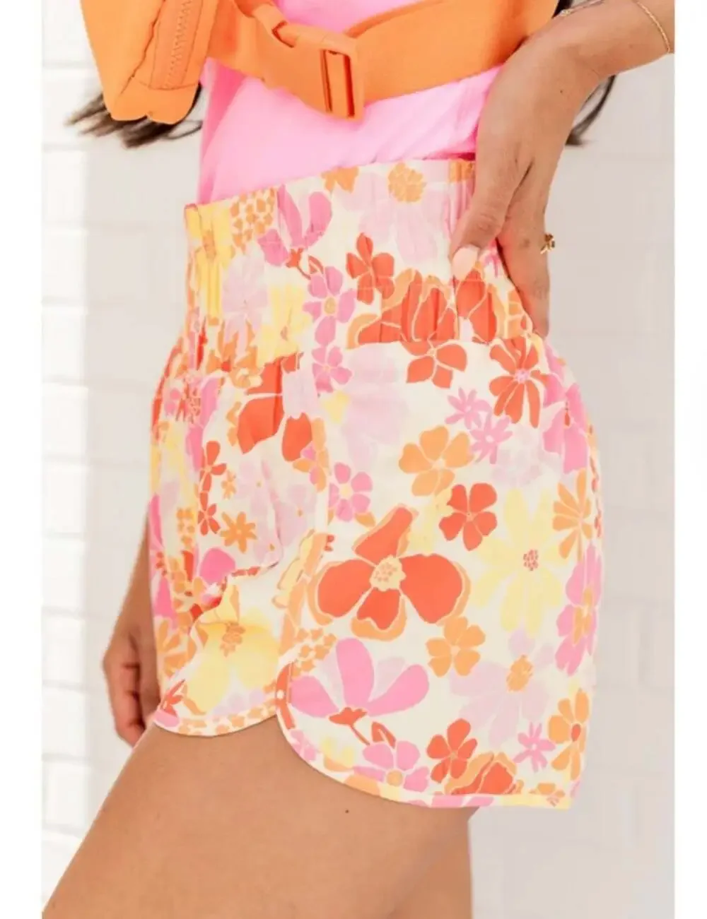 Trendsi Retro Orange and Pink Floral High Waisted Smocked Running Shorts